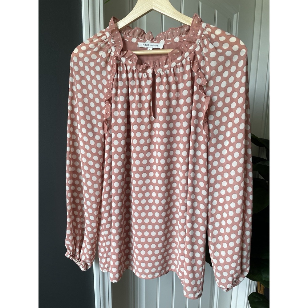 Rose + Olive Polka Dot Chiffon Blouse L/S Pink White Ruffle Round Lined size Med